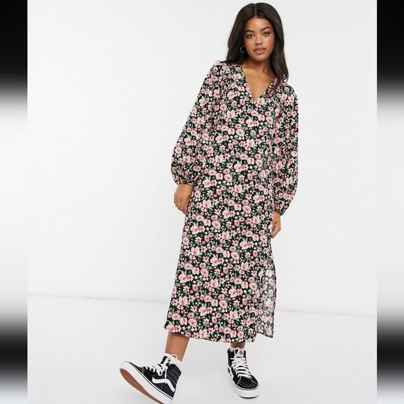 ASOS LONG BUBBLE SLEEVE MIDI DRESS IN BLACK FLORAL PRINT-MULTI Size 12 - Picture 10 of 12